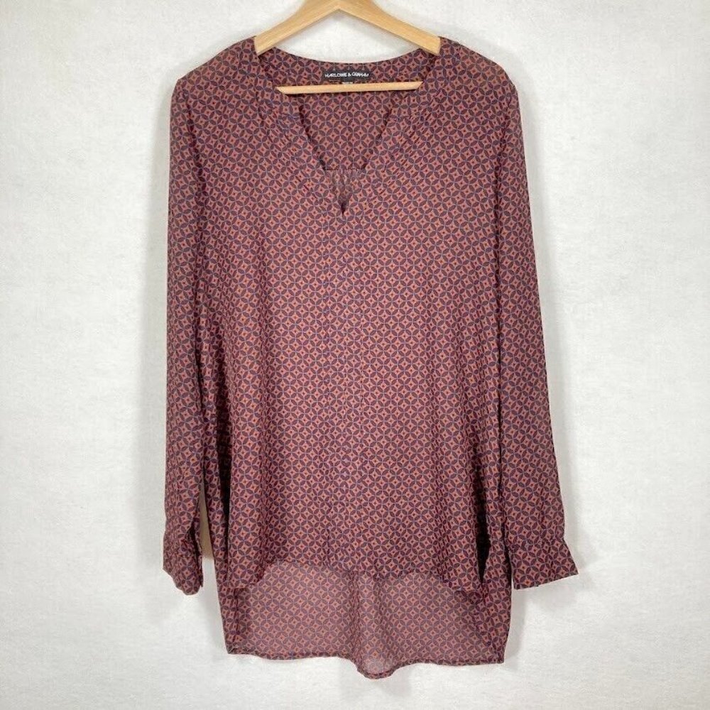 Harlowe & Graham Geometric Print Blouse Lightweight Sheer Career Academia L
